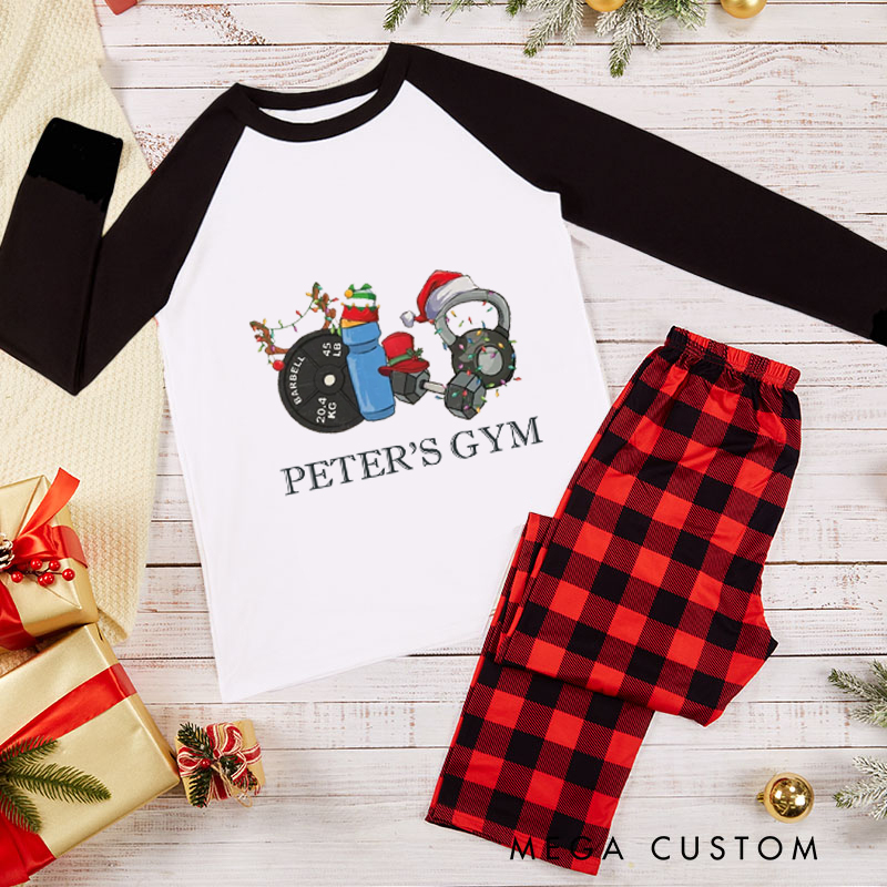 Personalized Couple Xmas Pajamas with Barbell and Dumbbell Christmas Matching Pjs for Fitness Enthusiasts Bodybuilders and Gym Lovers Husband Wife Boyfriend Girlfriend