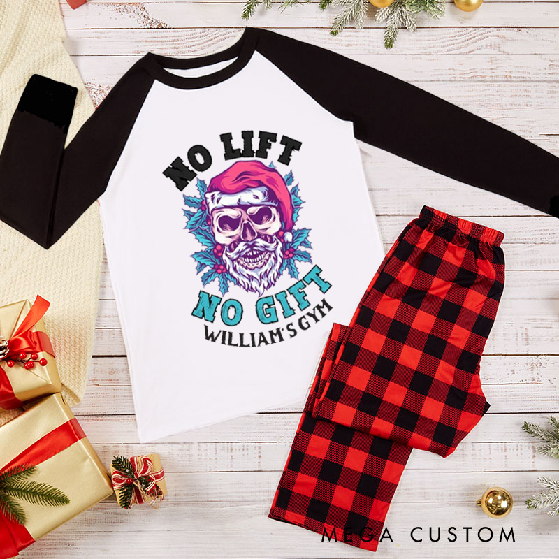 Personalized Couple Xmas Pajamas with No Lift No Gift Skull Santa Christmas Matching Pjs for Fitness Enthusiasts Bodybuilders and Gym Lovers Husband Wife Boyfriend Girlfriend