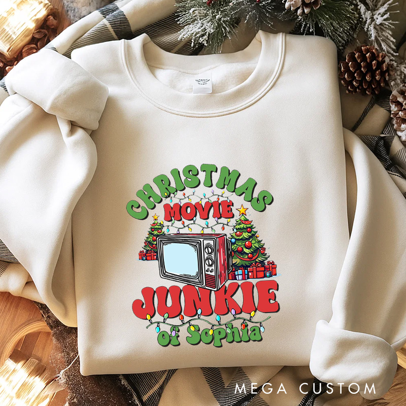 Personalized Christmas Movie Junkie Watching Classic Sweatshirt Christmas Film Crewneck Movie Holiday Shirt