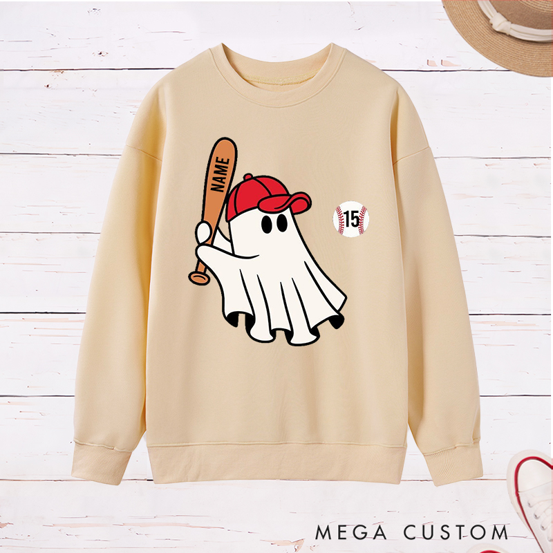 Personalized Halloween Sweatshirt with Ghost Holding Bat Custom Text  
