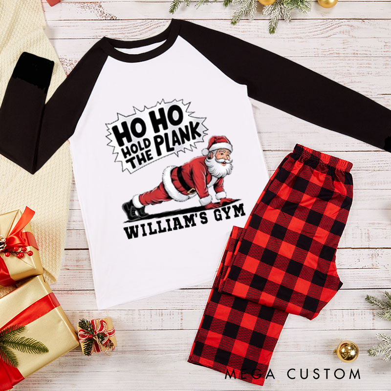 Personalized Couple Xmas Pajamas with Ho Ho Hold the Plank Santa Fitness Christmas Matching Pjs for Fitness Enthusiasts Bodybuilders and Gym Lovers Husband Wife Boyfriend Girlfriend