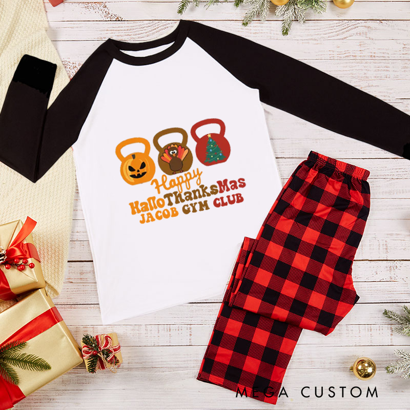 Personalized Couple Xmas Pajamas with Happy HalloThanksMas Christmas Matching Pjs for Fitness Enthusiasts Bodybuilders and Gym Lovers Husband Wife Boyfriend Girlfriend