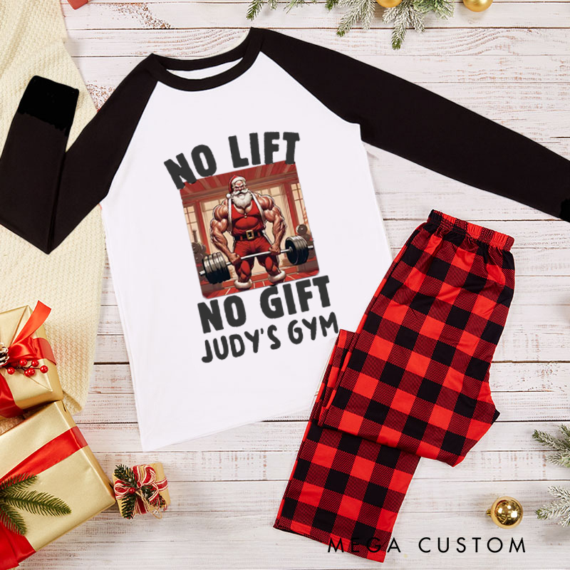 Personalized Couple Xmas Pajamas with No Lift No Gift Santa Weightlifting Christmas Matching Pjs for Fitness Enthusiasts Bodybuilders and Gym Lovers Husband Wife Boyfriend Girlfriend