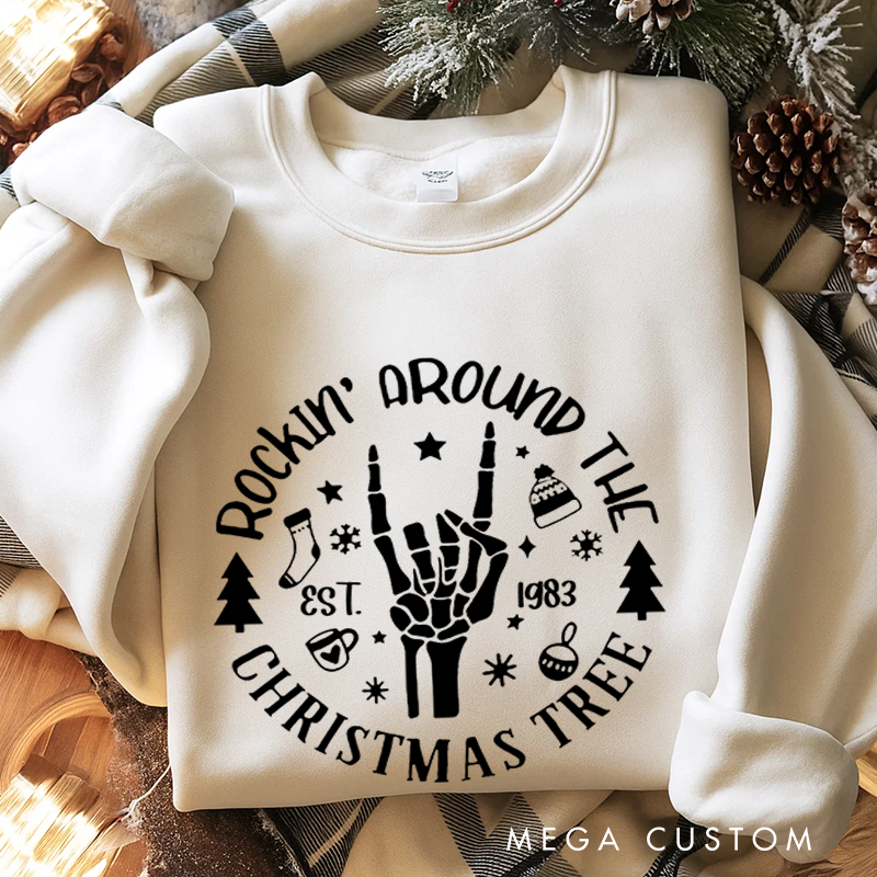 Personalized Classic Sweatshirts Christmas Rockin' Around Sweatshirt Christmas Tree Sweatshirt Christmas Gift for Heavy Metal Music Lover