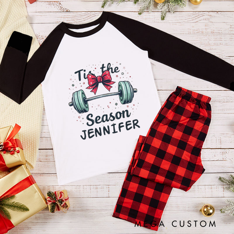 Personalized Couple Xmas Pajamas with Tis the Season Barbell with Bow Christmas Matching Pjs for Fitness Enthusiasts Bodybuilders and Gym Lovers Husband Wife Boyfriend Girlfriend