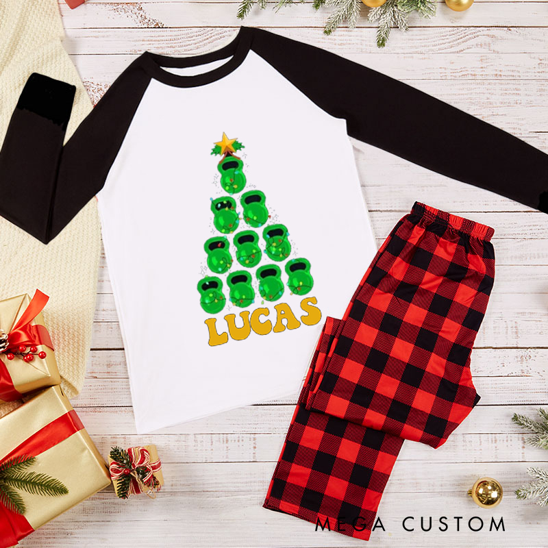 Personalized Couple Xmas Pajamas with Kettlebell Christmas Tree Christmas Matching Pjs for Fitness Enthusiasts Bodybuilders and Gym Lovers Husband Wife Boyfriend Girlfriend