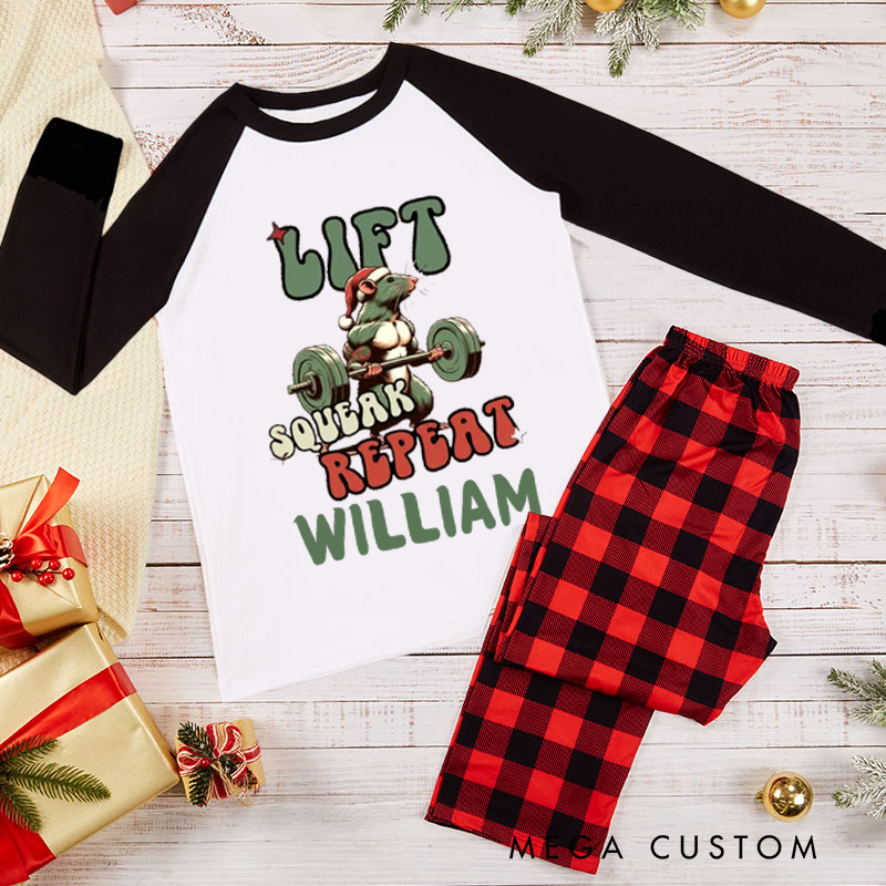 Personalized Couple Xmas Pajamas with Santa Mouse Weightlifting Christmas Matching Pjs for Fitness Enthusiasts Bodybuilders and Gym Lovers Husband Wife Boyfriend Girlfriend