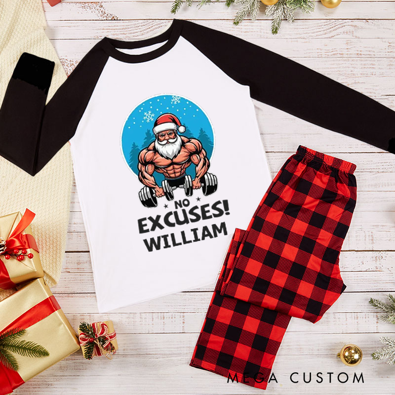 Personalized Couple Xmas Pajamas with No Excuses Santa Weightlifting Christmas Matching Pjs for Fitness Enthusiasts Bodybuilders and Gym Lovers Husband Wife Boyfriend Girlfriend