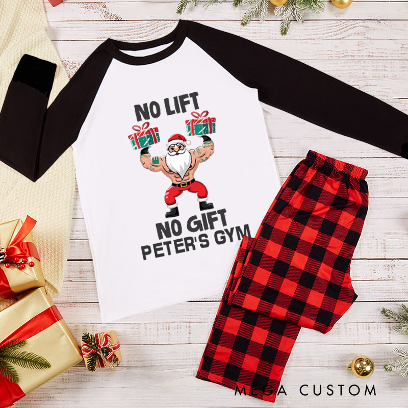 Personalized Couple Xmas Pajamas with Santa Lifting Presents Design Christmas Matching Pjs for Fitness Enthusiasts Bodybuilders and Gym Lovers Husband Wife Boyfriend Girlfriend