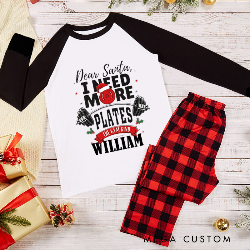 Personalized Couple Xmas Pajamas with Dear Santa I Need More Plates Matching Pjs for Fitness Enthusiasts Bodybuilders and Gym Lovers Husband Wife Boyfriend Girlfriend