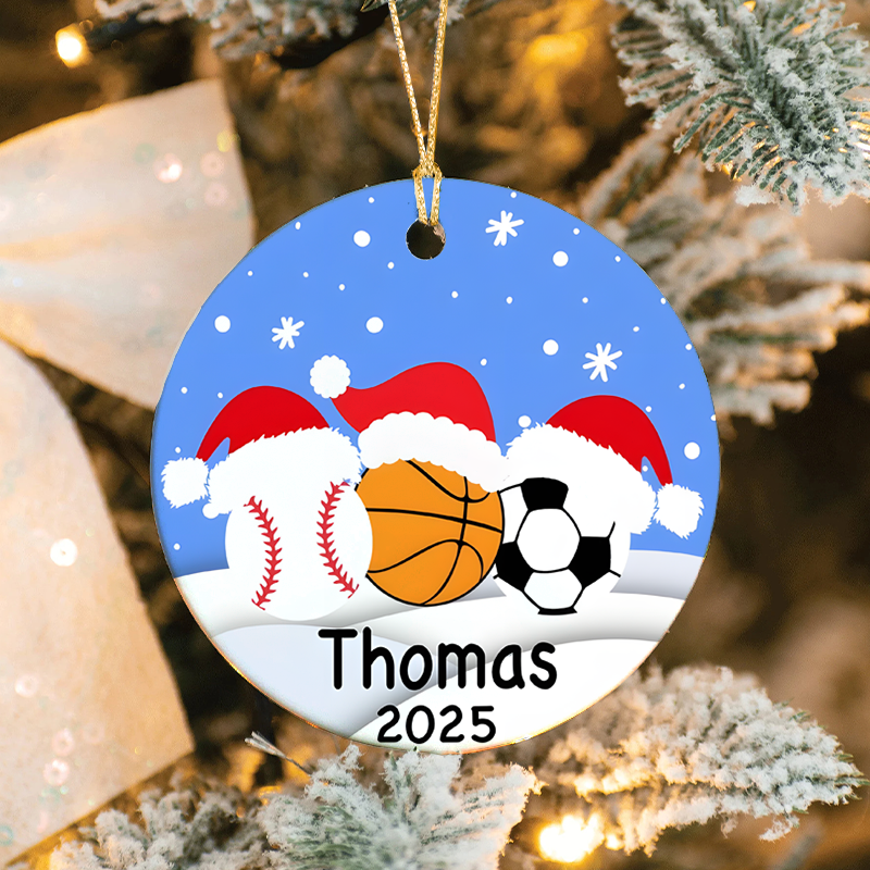 Personalized Sports Christmas Ornament with Baseball, Basketball, and Soccer Ball Design