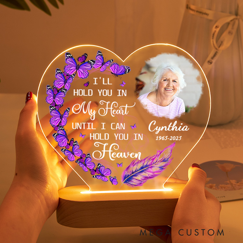 Personalized Memorial Heart Shaped LED Light Custom Photo Name Year Purple Butterflies Feather Memorial Keepsake