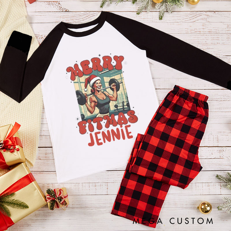 Personalized Couple Xmas Pajamas with Merry Fitmas Santa Lifting Weights Matching Pjs for Fitness Enthusiasts Bodybuilders and Gym Lovers Husband Wife Boyfriend Girlfriend