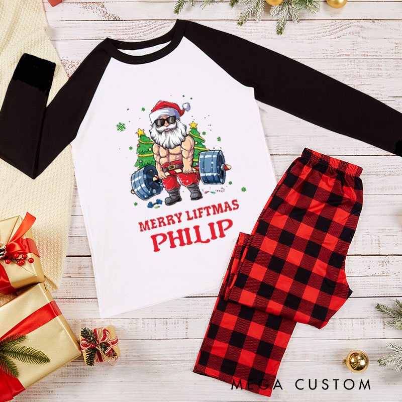 Personalized Couple Xmas Pajamas with Merry Liftmas Santa Weightlifting Matching Pjs for Fitness Enthusiasts Bodybuilders and Gym Lovers Husband Wife Boyfriend Girlfriend