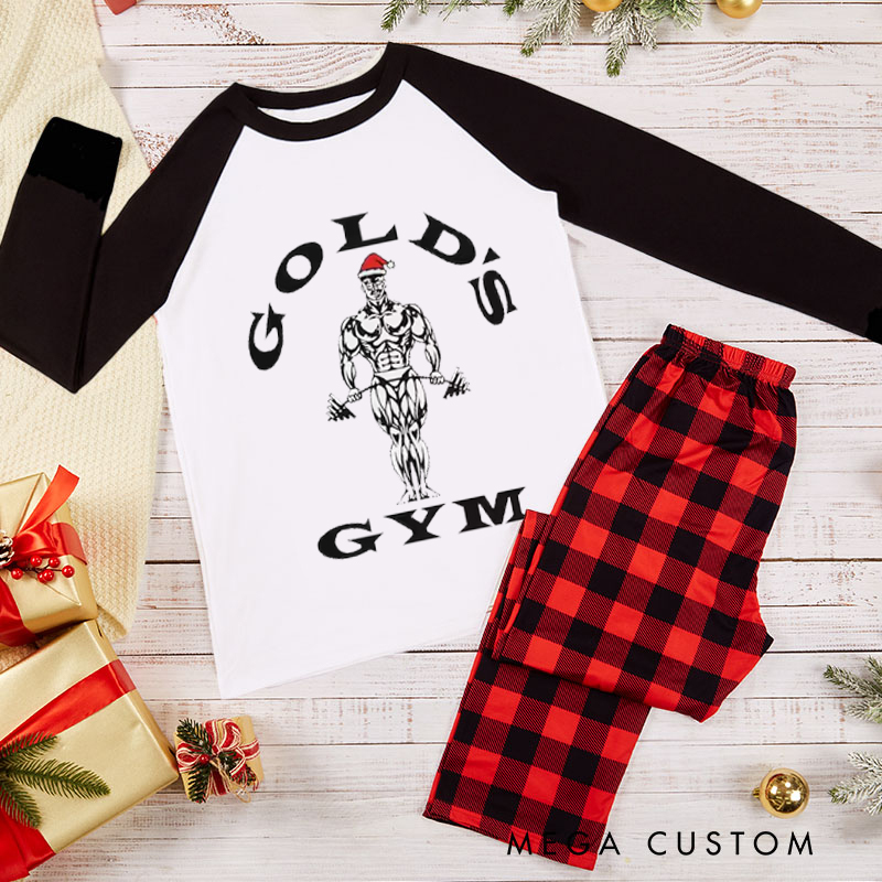 Personalized Couple Xmas Pajamas with Santa Bodybuilder Design Matching Pjs for Fitness Enthusiasts Bodybuilders and Gym Lovers Husband Wife Boyfriend Girlfriend