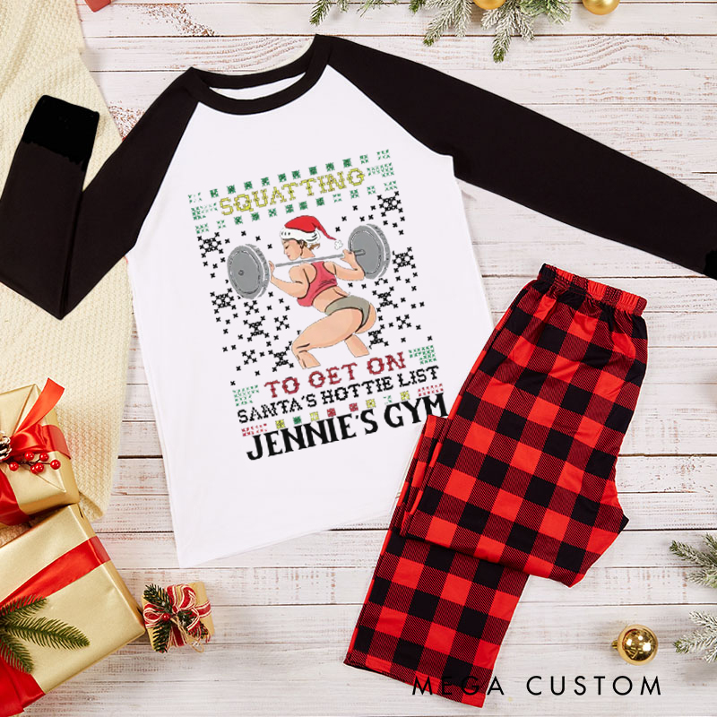 Personalized Couple Xmas Pajamas with Squatting to Get on Santas Hottie List Matching Pjs for Fitness Enthusiasts Bodybuilders and Gym Lovers Husband Wife Boyfriend Girlfriend