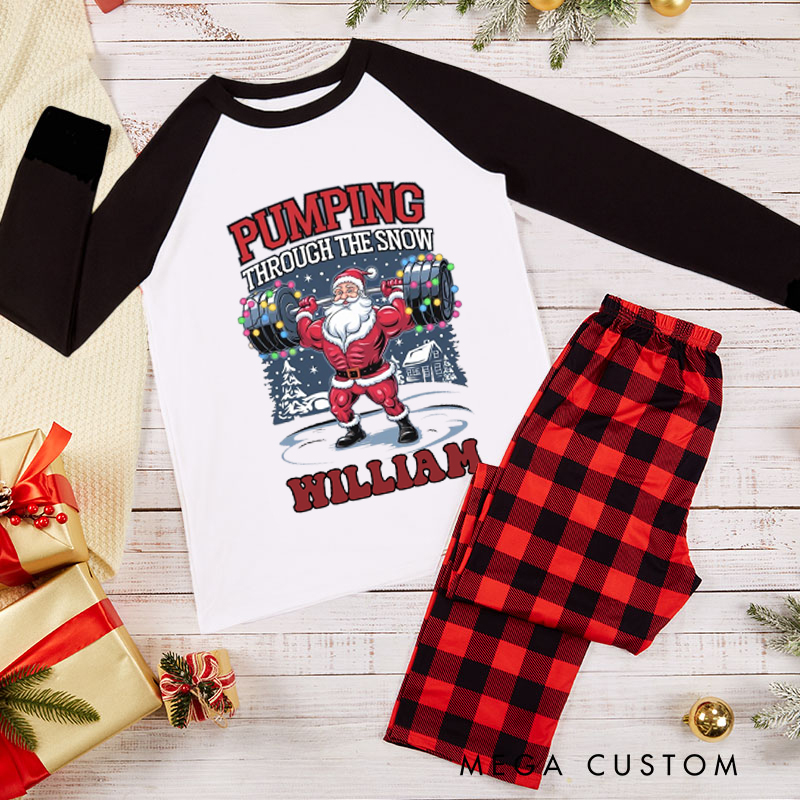 Personalized Couple Xmas Pajamas with Pumping Through the Snow Matching Pjs for Fitness Enthusiasts Bodybuilders and Gym Lovers Husband Wife Boyfriend Girlfriend