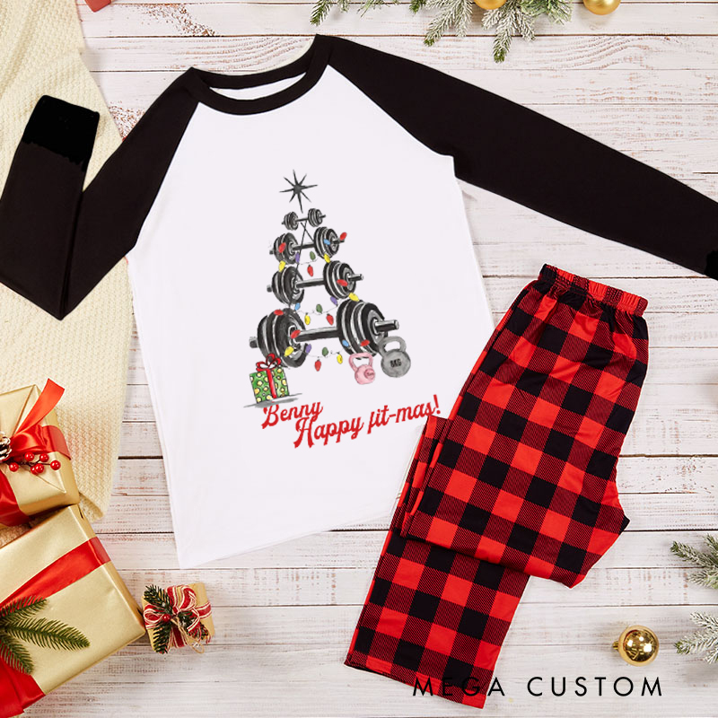 Personalized Couple Xmas Pajamas with Barbell Christmas Tree Matching Pjs for Fitness Enthusiasts Bodybuilders and Gym Lovers Husband Wife Boyfriend Girlfriend