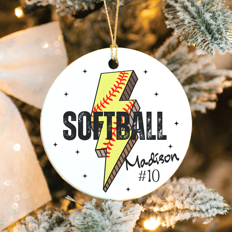 Personalized Softball Ornament with Custom Name, Number, and Lightning Bolt Design