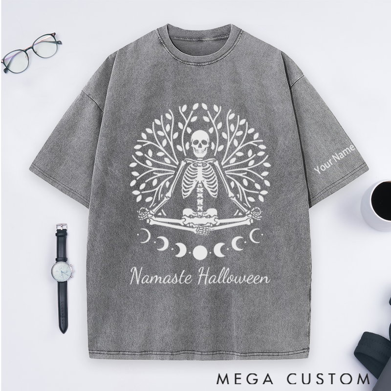 Personalized Namaste Halloween Washed T-Shirt with Spooky Skeleton Yoga Design Perfect Gift for Yoga Lover and Halloween