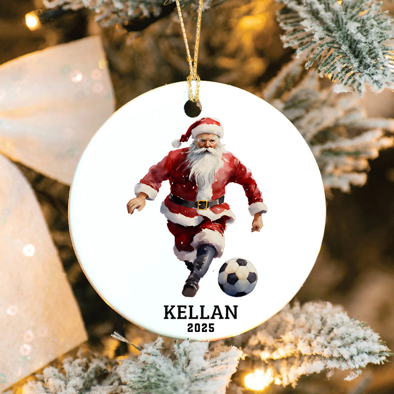 Personalized Soccer Santa Ornament with Custom Name and Year