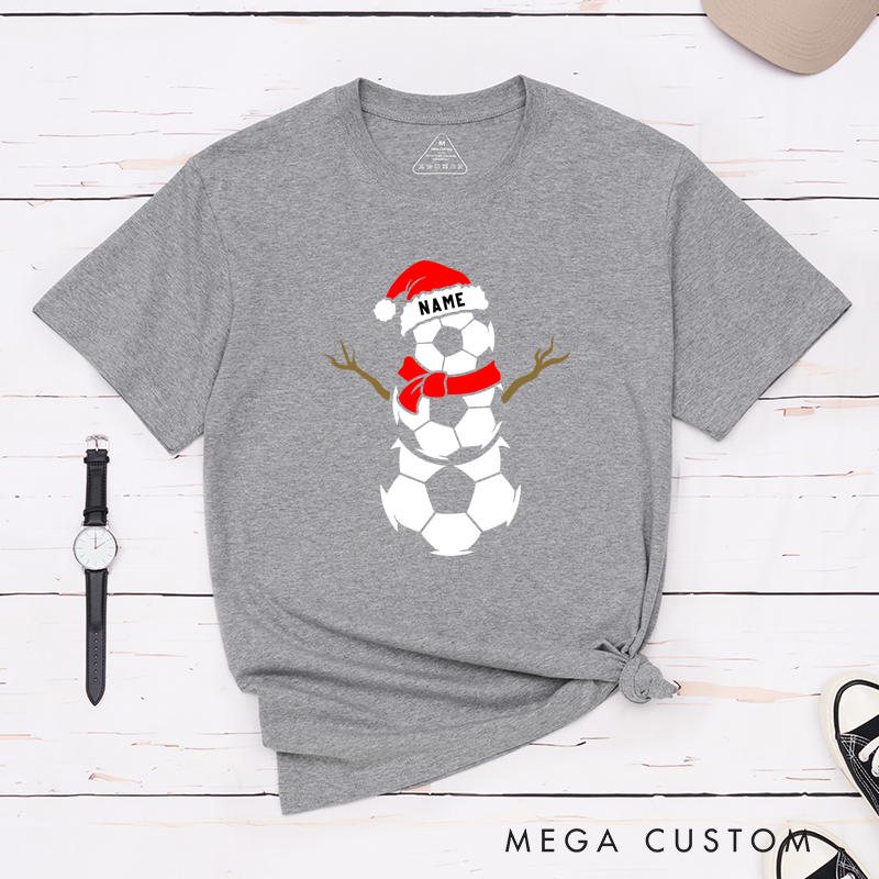 Personalized Soccer Snowman T-Shirt with Custom Name and Festive Design