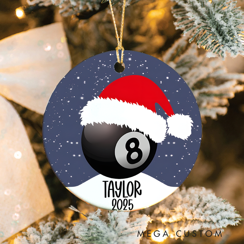 Personalized Billiards Christmas Ornament with Santa Hat, Custom Name, and Year