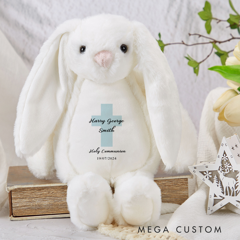 Personalized Blue Cross Stuffed Bunny Plush Toy with Name Birthday First Holy Communion Gift for Christians