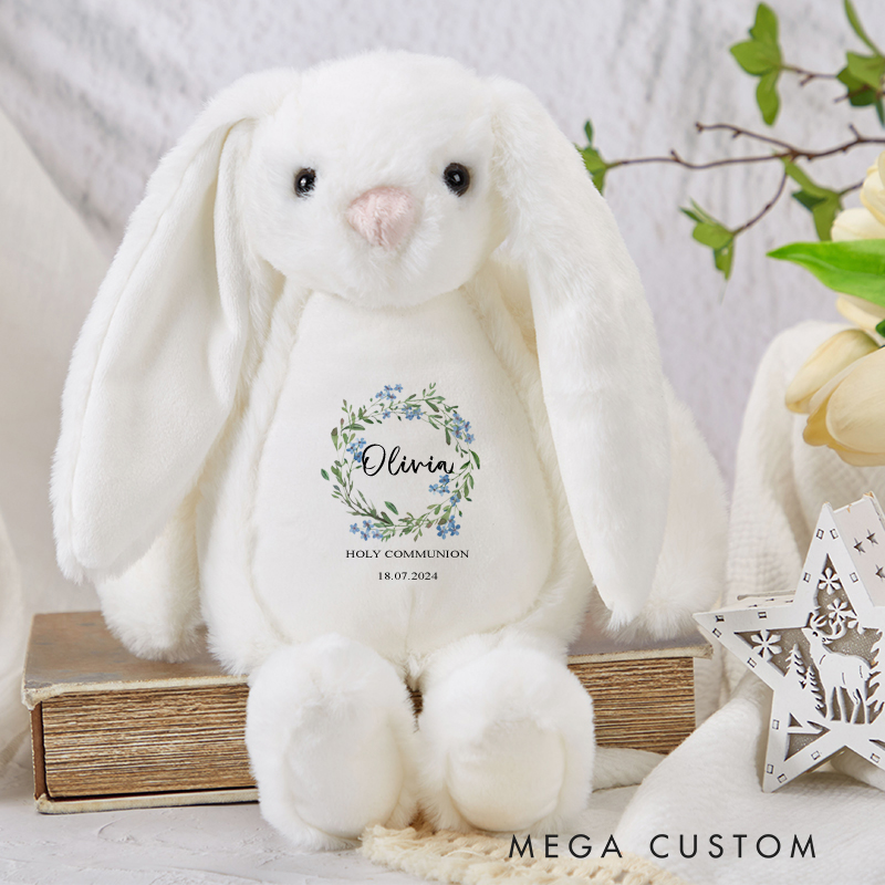 Personalized Floral Stuffed Bunny Plush Toy with Name Birthday First Holy Communion Gift for Christians
