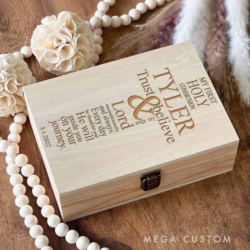 Personalized Cross Bible Verse Wooden Keepsake Box with Name and Date Religious Gift First Holy Communion Gift for Christians