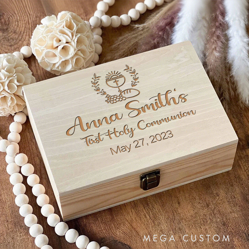 Personalized Olive Leaves Wooden Keepsake Box with Name and Date Religious Gift First Holy Communion Gift for Christians
