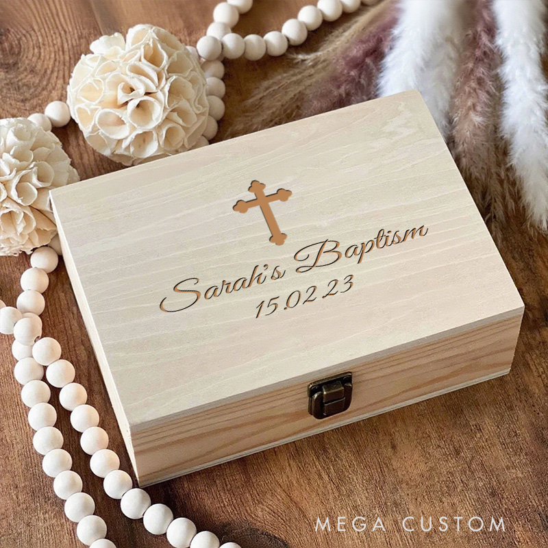 Personalized Cross Wooden Keepsake Box with Name and Date Religious Gift Best Gift for Boys Girls