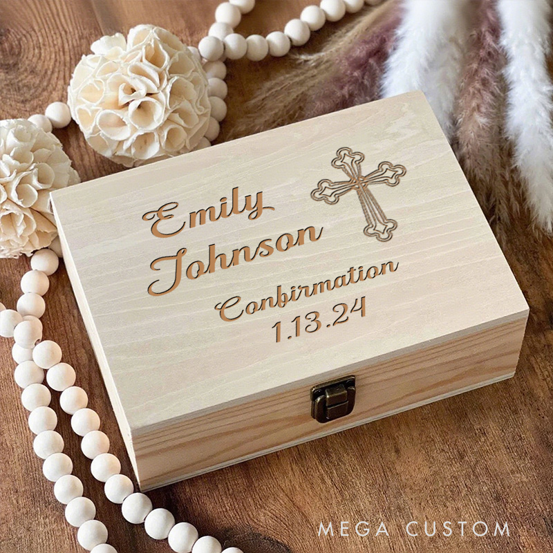 Personalized Wooden Keepsake Box Cross with Name and Date Religious Gift Best Gift for Girls