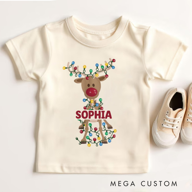 Personalized Reindeer Wrapped in Christmas Lights Christmas Kids T-Shirt