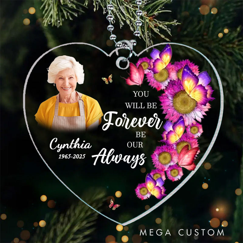 Personalized Heart Shaped Memorial Ornament Customizable Photo Name Year Quote Floral Butterflies Keepsake