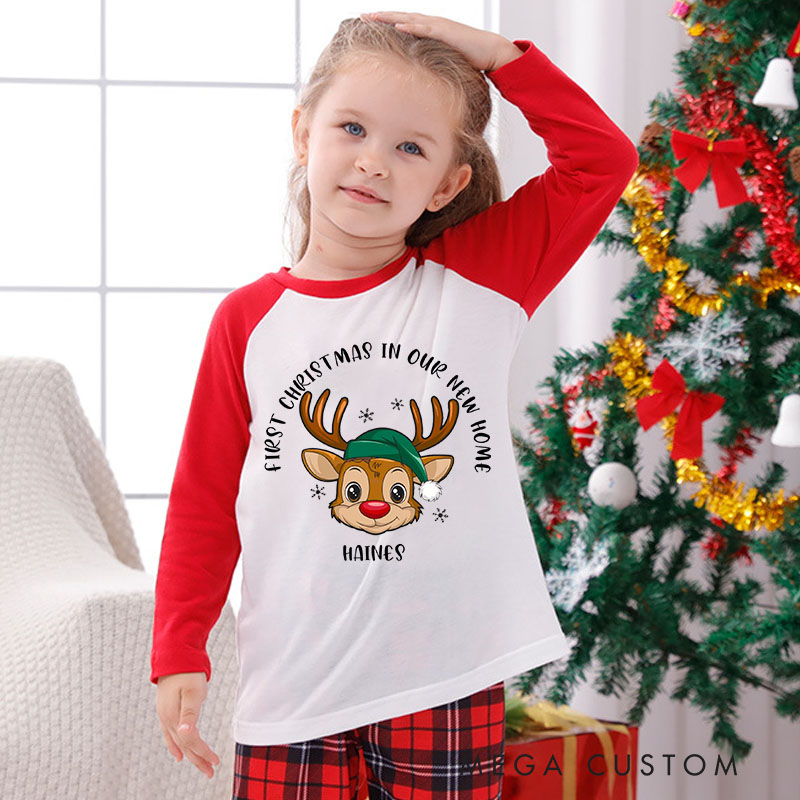 Personalized Kids Christmas Pajamas First Christmas in Our New Home Design Custom Name Reindeer Theme Sleepwear for Housewarming Holiday Gift