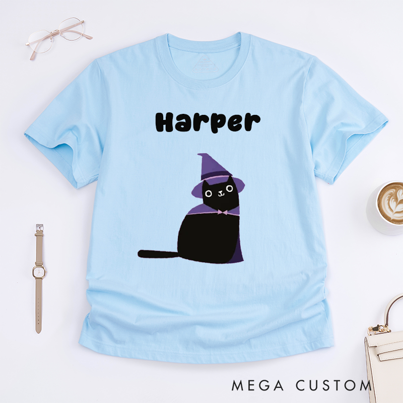 Personalized Black Cat Witch Hat T-Shirts Custom Name Gift Cute Magic Cat Tee for Women Present Unique Cat Lover Top