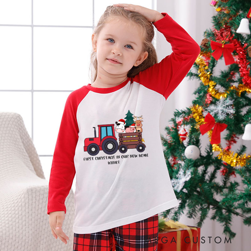 Personalized Kids Christmas Pajamas Custom Name Tractor and Festive Characters Theme Christmas Holiday Custom Kids Name Pajamas New Home Gift