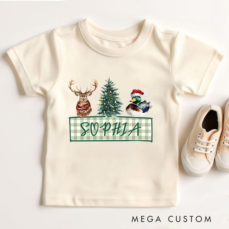 Personalized Reindeer and Tree with Plaid Name Banner Christmas Kids T-Shirt