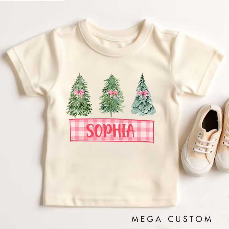 Personalized Trio of Christmas Trees with Plaid Accents Christmas Kids T-Shirt