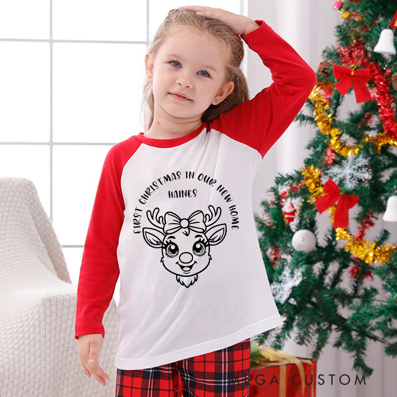 Personalized Kids Christmas Pajamas First Christmas in Our New Home Gifts Custom Name Reindeer Sleepwear for Christmas Housewarming Gift