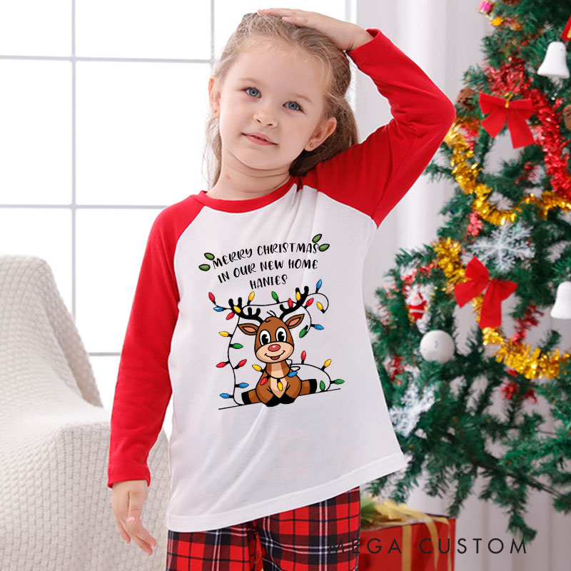 Personalized Kids Christmas Pajamas Merry Christmas in Our New Home Design Custom Name Cute Reindeer Sleepwear for Housewarming Holiday Gift