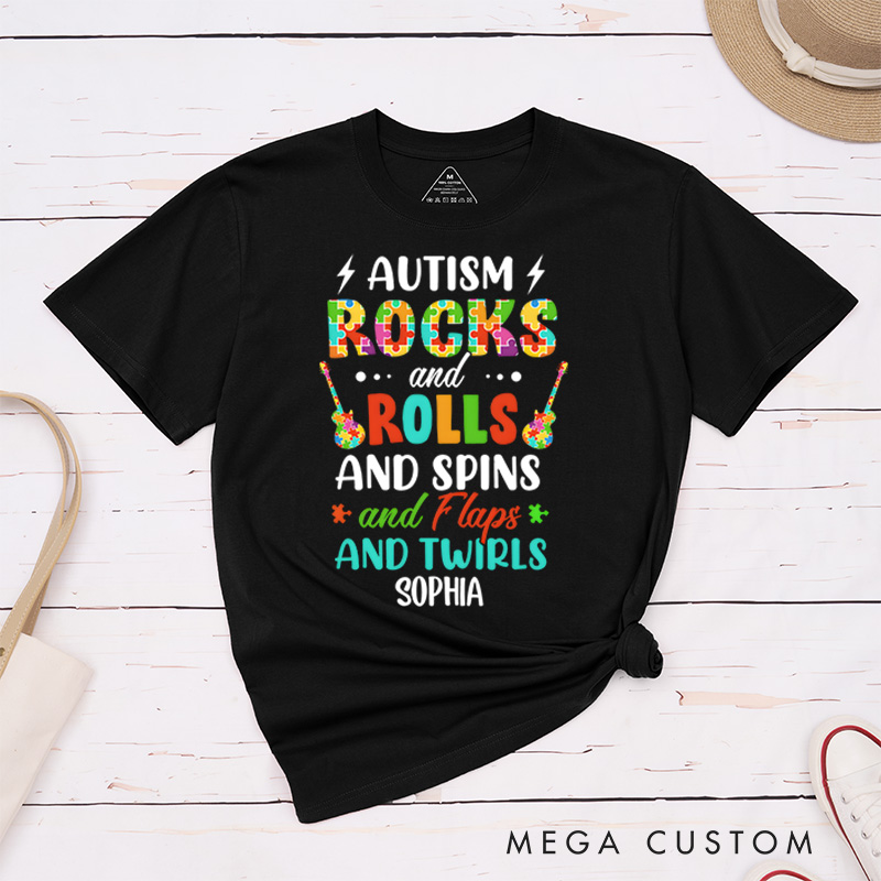 Personalized Autism Rocks and Rolls Spins Flaps and Twirls Shirt Funny Autism Awareness Month Gift