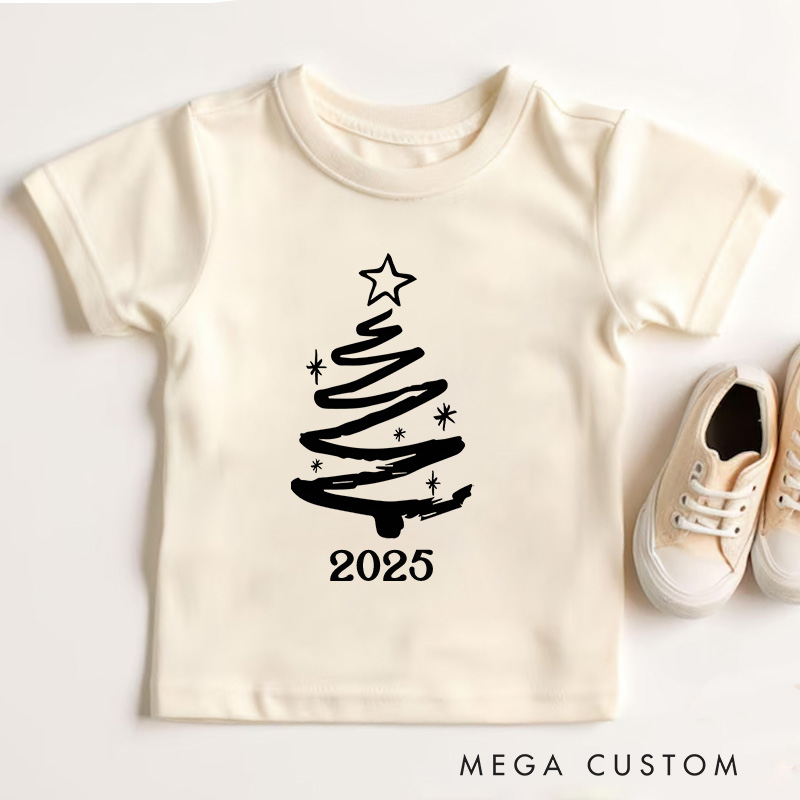 Personalized Minimalist Black and White Christmas Tree Christmas Kids T-Shirt