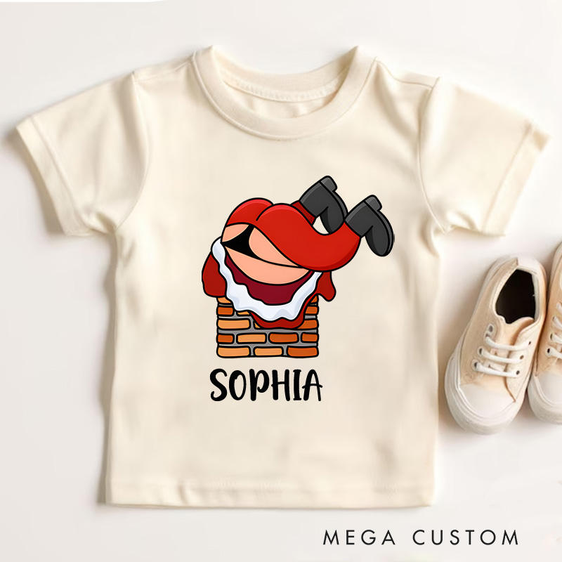 Personalized Santa Stuck in Chimney with Striped Pants Christmas Kids T-Shirt