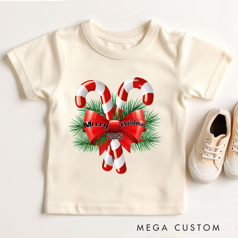 Personalized Candy Canes with Bow and Holly Accents Christmas Kids T-Shirt