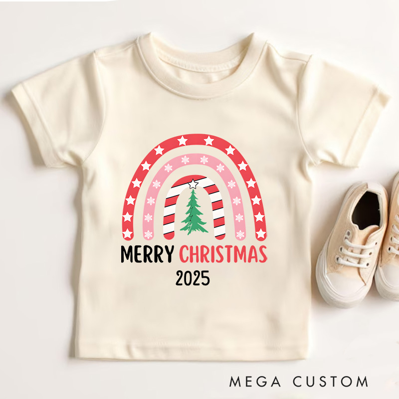 Personalized Rainbow with Merry Christmas Text and Stripes Christmas Kids T-Shirt