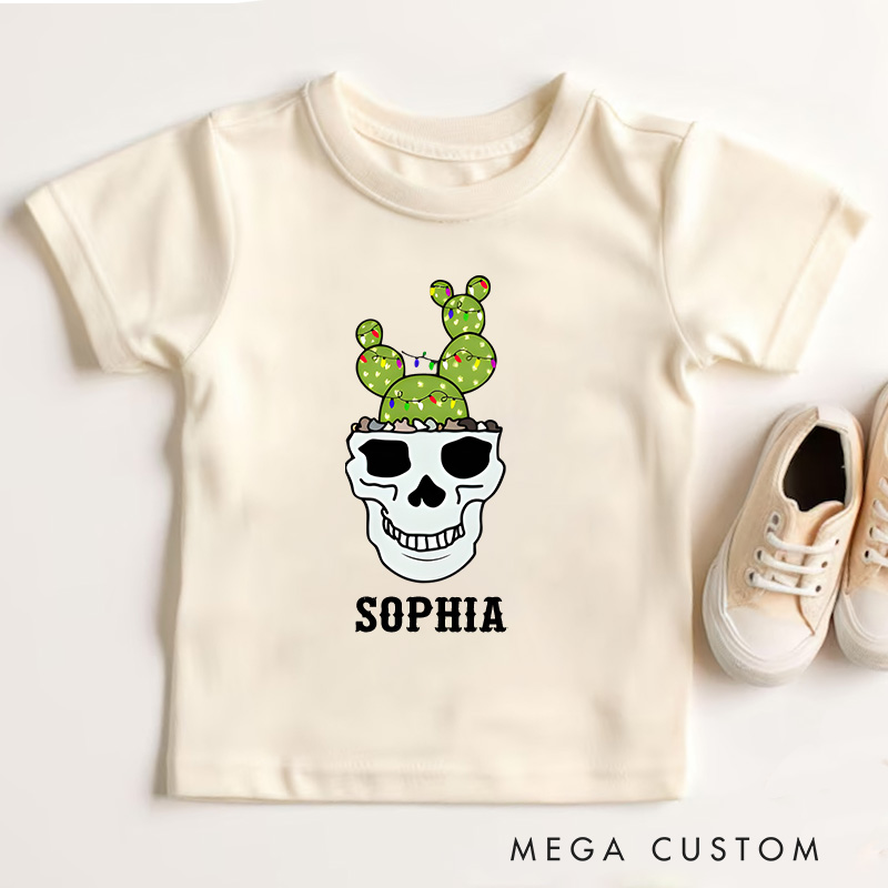 Personalized Skull with Reindeer Antlers and Festive Details Christmas Kids T-Shirt