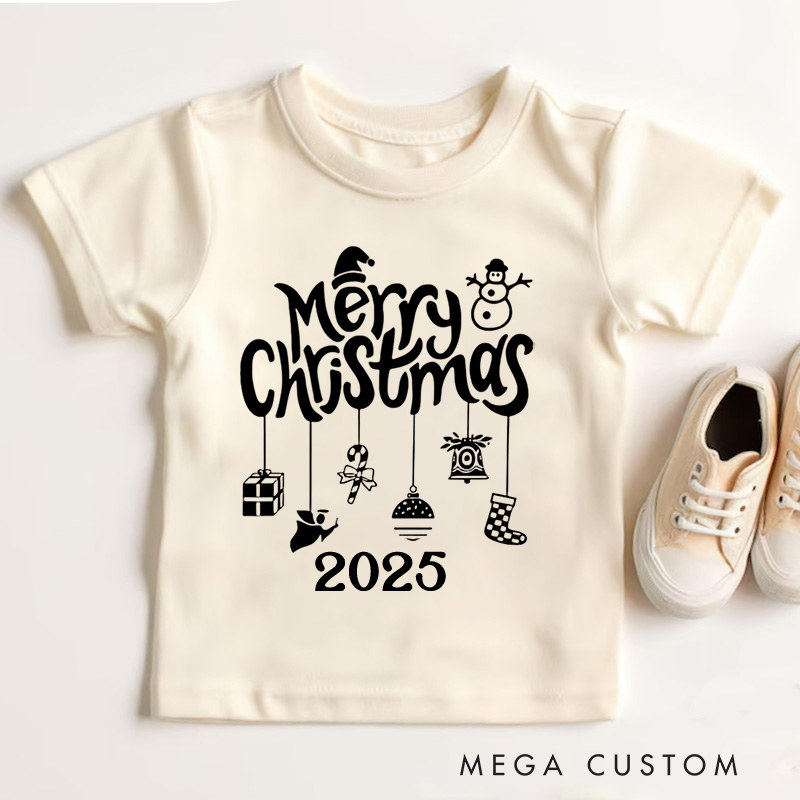 Personalized Gold Merry Christmas Text with Holiday Icons Christmas Kids T-Shirt