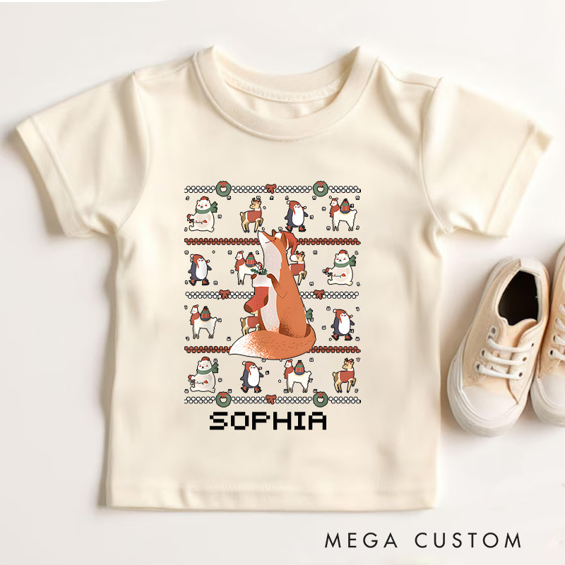 Personalized Reindeer with Snowman and Ugly Sweater Style Christmas Kids T-Shirt